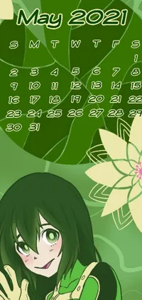 This anime-inspired phone live wallpaper features a serene green background with a beautiful girl holding a flower