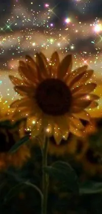 This stunning phone live wallpaper features a sunflower in the center of a field of sunflowers, glowing with glittering dust in the air
