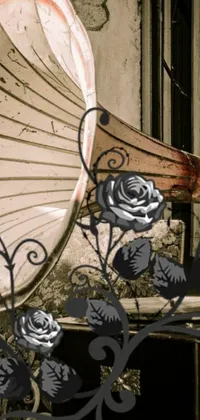 Introducing our latest phone live wallpaper featuring a gramophone on a wooden table, digital art showcasing black roses, and dilapidated houses