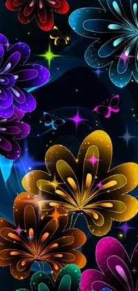 This live wallpaper features a captivating display of colorful flowers on a black background in stunning vector art