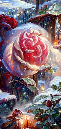 This phone live wallpaper is a beautifully detailed painting of a rose set against a snowy backdrop