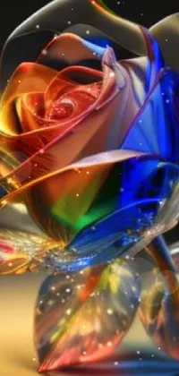 This phone live wallpaper features a colorful glass flower on a table, surrounded by crystal cubism