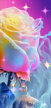 This live mobile wallpaper displays a close-up of a flower emitting smoke, set against a mesmerizing gradient of pink and blue pastel colors, creating a psychedelic and mystical atmosphere on your phone screen