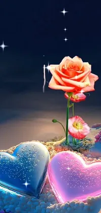 This gorgeous live wallpaper features two hearts in the sand against a beautiful rose backdrop