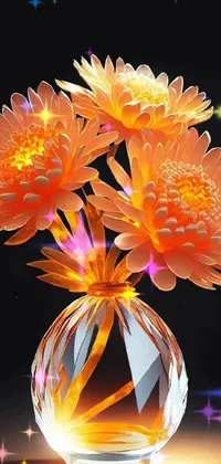 This dynamic live wallpaper showcases a vase filled with orange flowers resting on a table