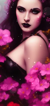 Transform your phone into a work of art with this stunning live wallpaper featuring a colorful, digital painting of a woman surrounded by an array of beautiful flowers set against a black background