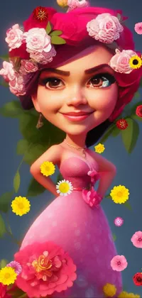 This charming phone live wallpaper displays a stunningly cute cartoon girl wearing a gorgeous flower crown