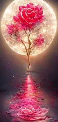 This beautiful phone live wallpaper features a stunning digital art piece of a tree with pink flowers in front of a full moon