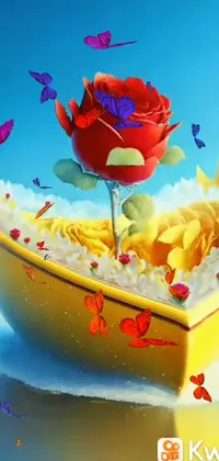 This phone live wallpaper boasts a yellow boat with a red rose, rendered in digital art style, and features butterflies and colorful flowers