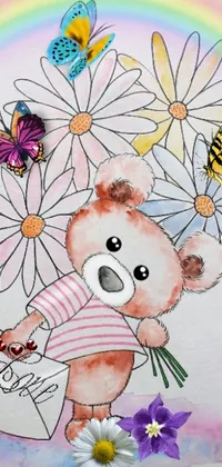This live wallpaper depicts an endearing digital drawing of a teddy bear holding a bunch of delicate flowers