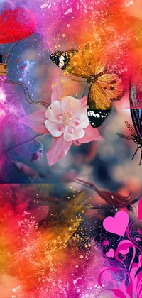 This live phone wallpaper showcases a stunning digital art piece featuring two butterflies perched on a blooming flower in abstract art style