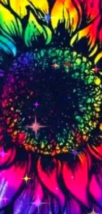 This phone live wallpaper showcases a rainbow sunflower set against a black background, drawing inspiration from the psychedelic Tumblr aesthetic