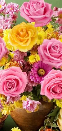 This stunning phone live wallpaper features a vase filled with pink and yellow flowers that pop out in vibrant hues