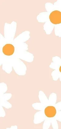 This live wallpaper features a charming pastel design with white and orange flowers arranged against a pink background