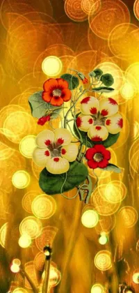 This stunning live phone wallpaper features a digital rendering of a majestic bunch of morning glory flowers in rich shades of gold and red