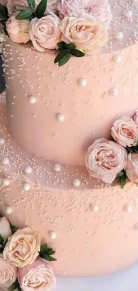 This phone live wallpaper features a stunning pink rose and pearl decorated wedding cake