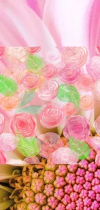 This live wallpaper features a highly-detailed pink flower with green leaves, set against a backdrop of frozen flowers, roses, and colored petals