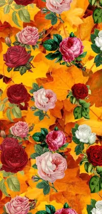 This vibrant phone live wallpaper features a digital rendering of a bunch of roses and leaves set against a yellow background with a cotton fabric texture