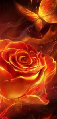 This captivating phone live wallpaper showcases an art piece on Artstation featuring an enchanting rose on fire with a butterfly in the background