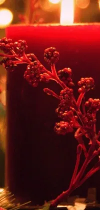 This striking phone live wallpaper showcases a red candle alongside a festive Christmas tree created from colorful flowers and berries