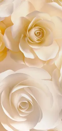 The White Roses Phone Wallpaper showcases a mesmerizing close-up of blooming white roses, surrounded by a warm-toned Pinterest-inspired background that exudes tranquility
