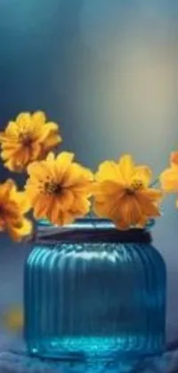 This phone live wallpaper portrays a digital artwork of a blue vase filled with yellow flowers on a wooden tabletop