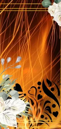 This phone live wallpaper showcases a stunning digital painting that features a gold frame with white flowers and leaves set against an orange fiery background