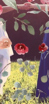 This phone live wallpaper showcases a beautiful digital art of two women holding hands amid a scenic field of flowers