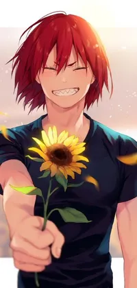 This beautiful phone live wallpaper showcases a man with striking red hair holding a sunflower