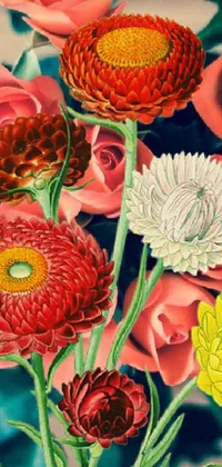 This phone live wallpaper depicts a colorful vase of flowers on a table top