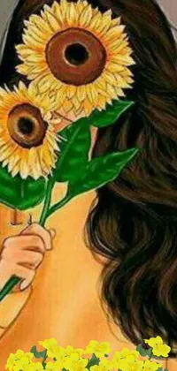 This live wallpaper features a captivating painting of a woman holding a bouquet of sunflowers against a black background