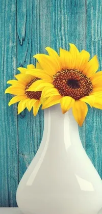 This phone live wallpaper features a stunning white vase adorned with two beautiful yellow sunflowers