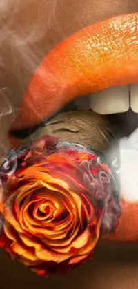 This phone live wallpaper features a stunning close up of a person holding a vibrant flower in their mouth