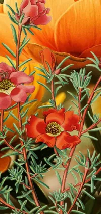 This phone live wallpaper features a beautiful painting of orange and red flowers displayed on a brown background with a yellow border