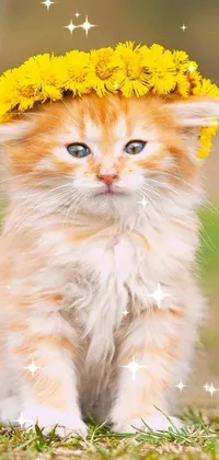 This phone live wallpaper features an adorable orange and yellow kitten wearing a flower crown, sitting amid colorful flowers in a field