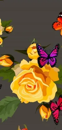 This phone live wallpaper features a vector art arrangement of yellow roses and butterflies on a sleek gray background