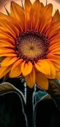 This stunning phone live wallpaper features a close-up shot of a photorealistic sunflower painting with vibrant orange petals on a dark background