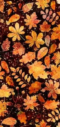 This phone live wallpaper boasts an art nouveau design, featuring scattered leaves against a dark orange night sky