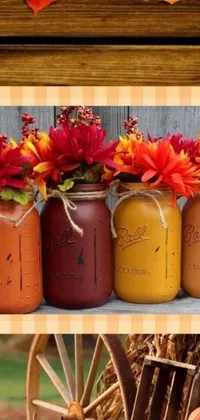 This mobile wallpaper showcases a wooden table adorned with mason jars holding vibrant flowers and pumpkins