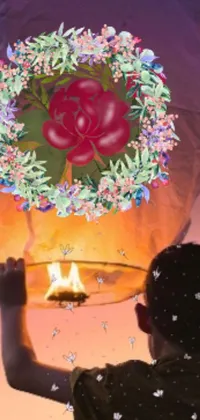 This stunning live wallpaper features an enchanting scene of a person holding a lantern with a rose emblem, overlaid with floating symbols and crystals