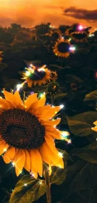 This phone live wallpaper showcases a mesmerizing digital art image of a sunflower field during sunset