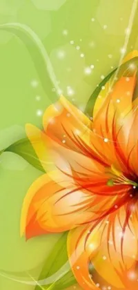 This phone live wallpaper showcases a stunning close-up view of a brightly-coloured lily with delicate petals in vibrant shades of orange and yellow, rendered in vector art set against a refreshing green background