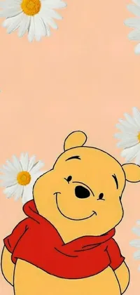 Bring some cheer to your phone with this charming live wallpaper featuring a cartoon winnie the pooh surrounded by pleasant daisies