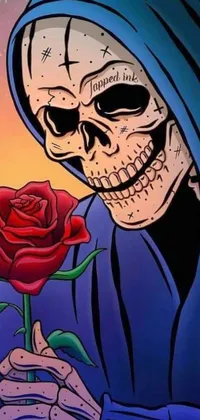 Discover a delightful live wallpaper for your phone! This captivating vector art depicts a chicano-style skeleton holding a dainty blue rose set against a backdrop of lovely flowers