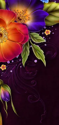This live wallpaper features digital art of lush flowers and tassel on a purple background