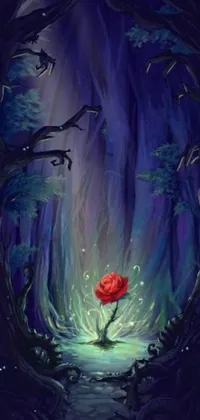 This live wallpaper features a gorgeous painting of a red rose's bloom, set in a verdant forest