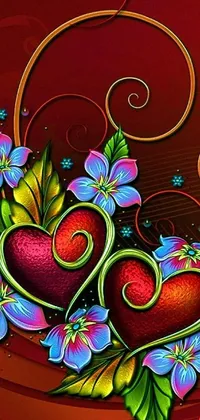 This phone live wallpaper features two hearts surrounded by vibrant flowers against a red background, with a digital rendering showcasing psychedelic art