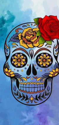 This live phone wallpaper features a colorful sugar skull and rose, inspired by the Day of the Dead celebration