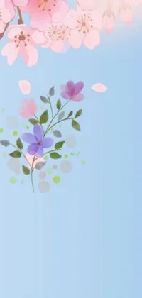 This mobile live wallpaper features a digital painting of colorful flowers on a light blue backdrop