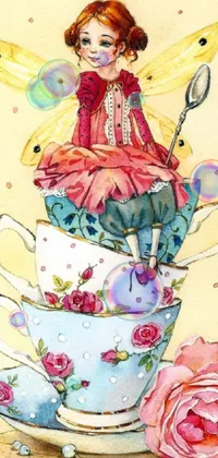 Experience the magic with this stunning live wallpaper for your phone! The artwork depicts a charming fairy perched on a gorgeous teacup, embodying a sense of whimsy and serenity